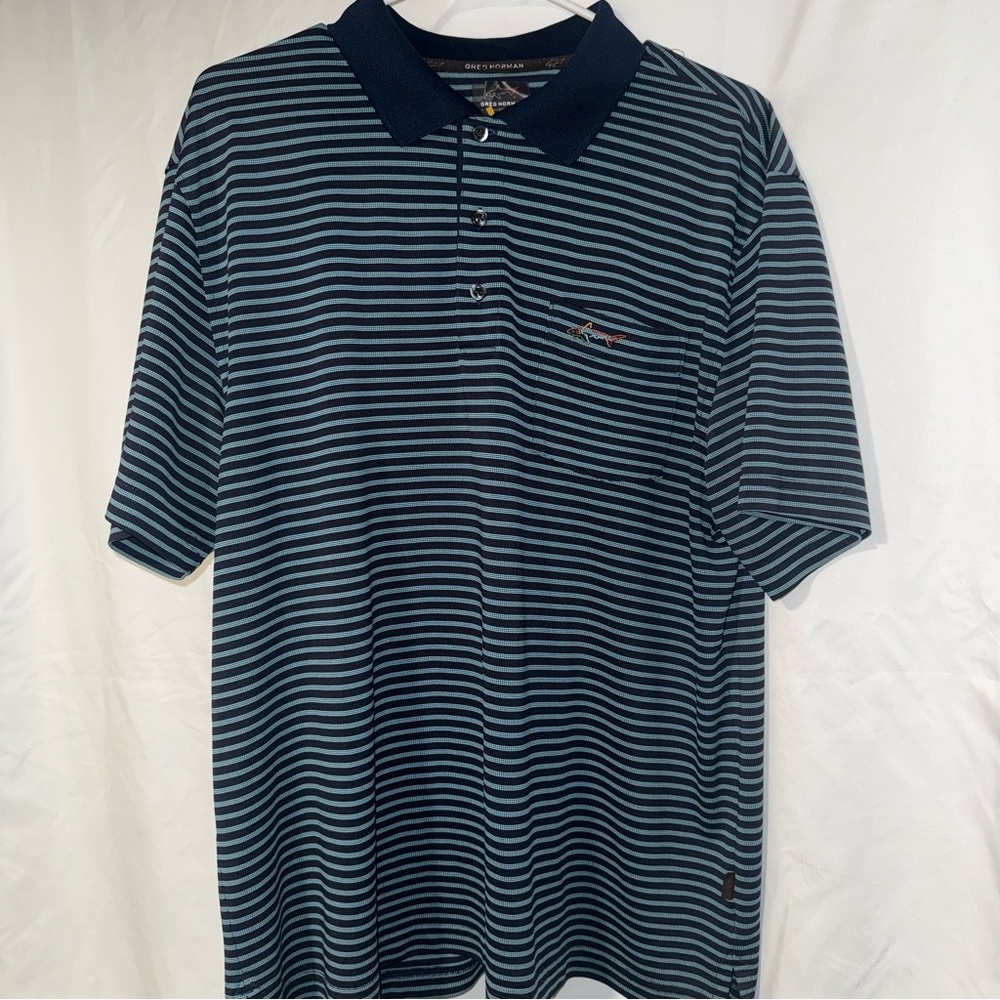 ⛳️Greg Norman Play Dry Golf Polo Men’s Large Navy Blue Striped Shark Logo